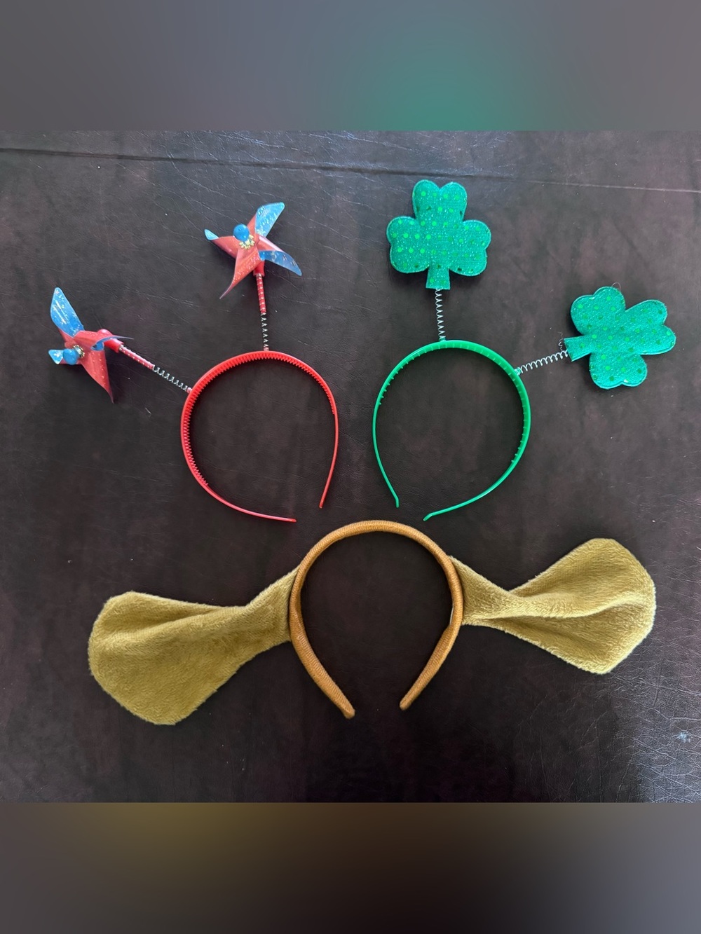 Kids Headband Trio — Red Pinwheel, Green Shamrock, Puppy ears